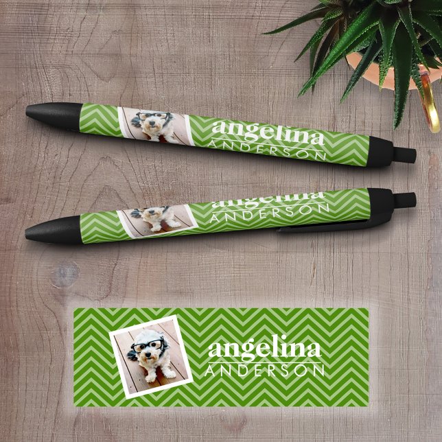 Stylo Noir Photo avec Modern Chevron Pattern and Custom Nom (Personalized writing pen - Add a Photo and Text)