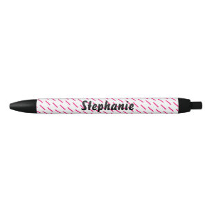 Stylo Noir Pink White Stripes Art Personnalisé Nom Cute Cadea