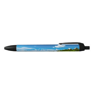 Stylo Noir Plage de palmiers bleu profond eaux aquamarines