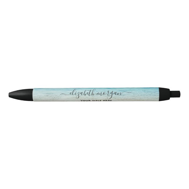 Stylo Noir Plage Été Personnalisé Bleu Script Élégant (Devant)