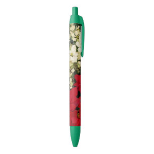 Stylo Noir Poinsettias blanches et rouges I Holiday Floral