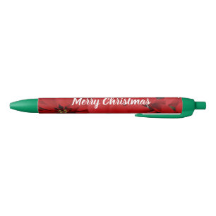 Stylo Noir Poinsettias de Noël Rouge - Joyeux Noël