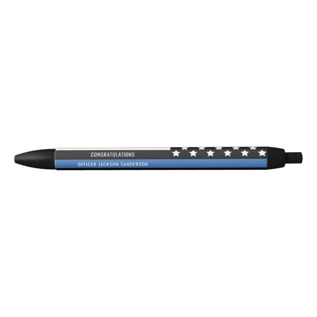 Stylo Noir Police Ligne bleue Drapeau Félicitations Retraite (Devant)