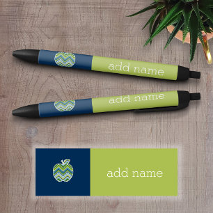 Stylo Noir Pomme enseignant personnalisée avec Motif Chevron