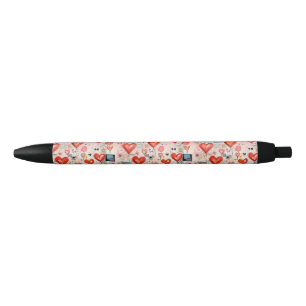 Stylo Noir Red Hearts Whimsical Love Motif