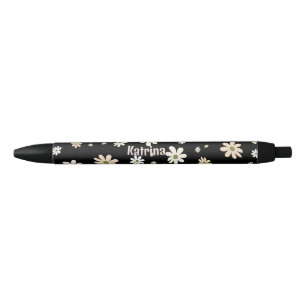 Stylo Noir Retro Daisy motif floral Personnalisé