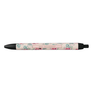 Stylo Noir Rose pâle   Chic aquarelle Floral Personnalisé