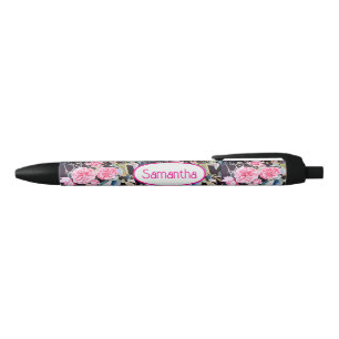 Stylo Noir Rose Rose Pâle Aquarelle Fille Élégante Nom