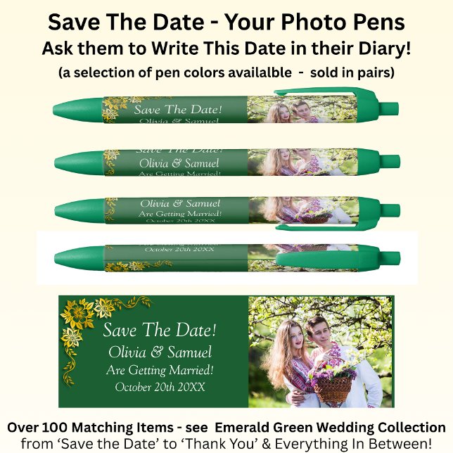Stylo Noir Sauvegarder la date - Photo + Émeraude vert et or (Créateur téléchargé)