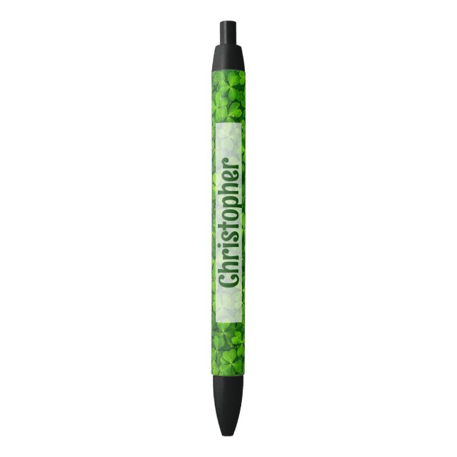Stylo Noir Shamrock Clovers Personnalisé (devant Vertical)