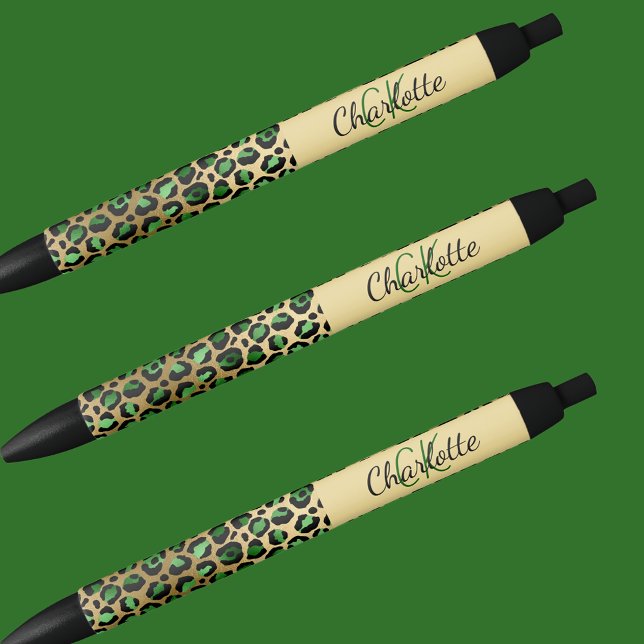 Stylo Noir Signature nominative en monogramme vert léopard or (Créateur téléchargé)