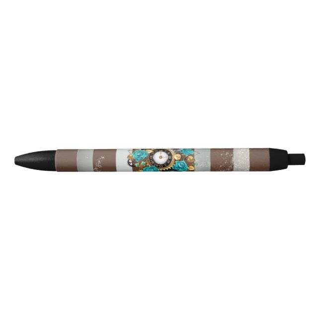 Stylo Noir Steampunk Clock and Turquoise Roses on Striped (Devant)