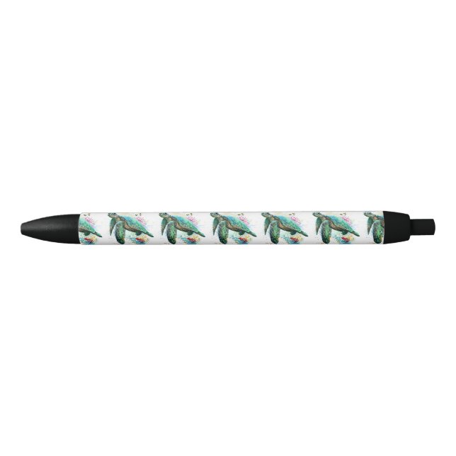 Stylo Noir Style d'aquarelle sous-marine de tortue marine (Devant)