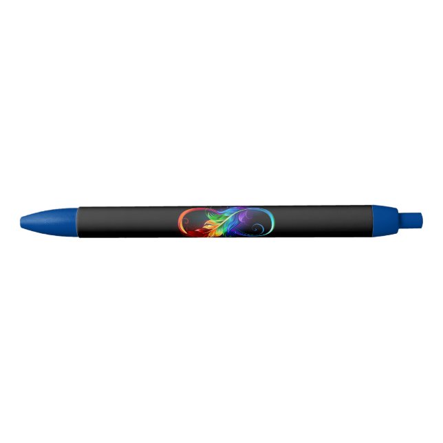 Stylo Noir Symbole d'infini avec plume arc-en-ciel (Devant)