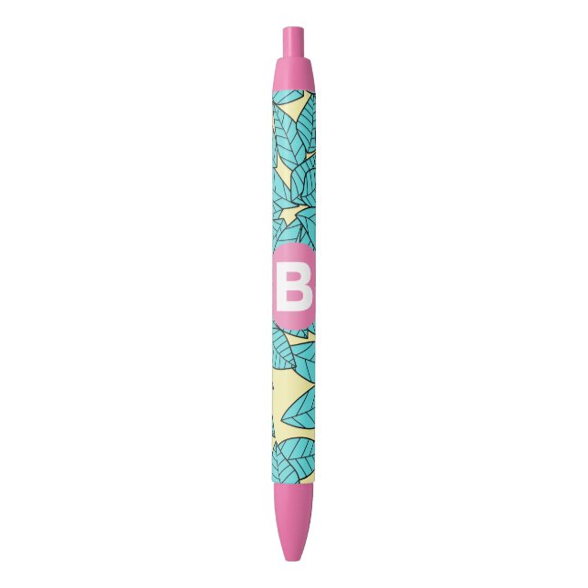 Stylo Noir Teal Leaves Botanical Pattern Bright Pink Monogram (devant Vertical)