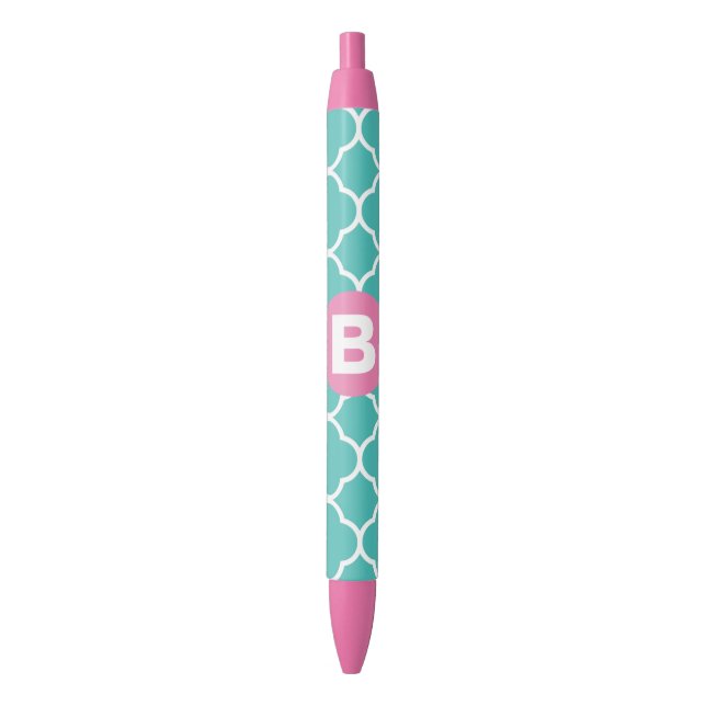 Stylo Noir Teal Quatrefoil Pattern Custom Pink Monogram (devant Vertical)