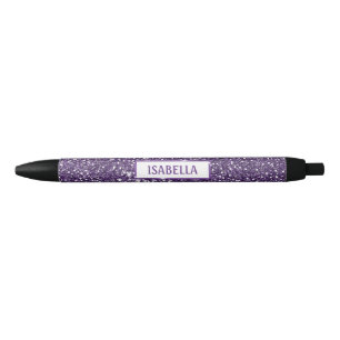 Stylo Noir Texture de Faux Paillettes Violettes avec Nom Pers