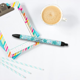 Stylo Noir Turquoise Turtle rose Star Motif Monogramme