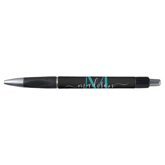 Stylo Noir Turquoise vert Monogramme Nom de script éléga (Devant)