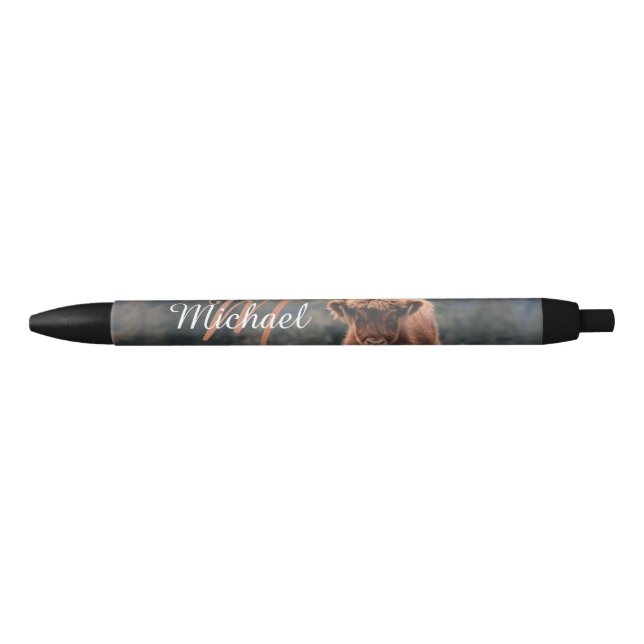 Stylo Noir Vache de Highland calvaire herbe d'automne monogra (Devant)