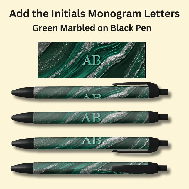 Stylo Noir Vos initiales Monogramme Vert Marbré (Créateur téléchargé)
