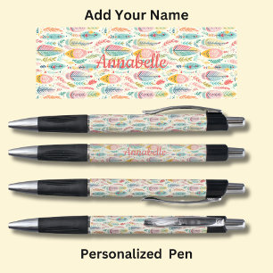 Stylo Nom personnalisé, Plumes Aqua Boho Rose