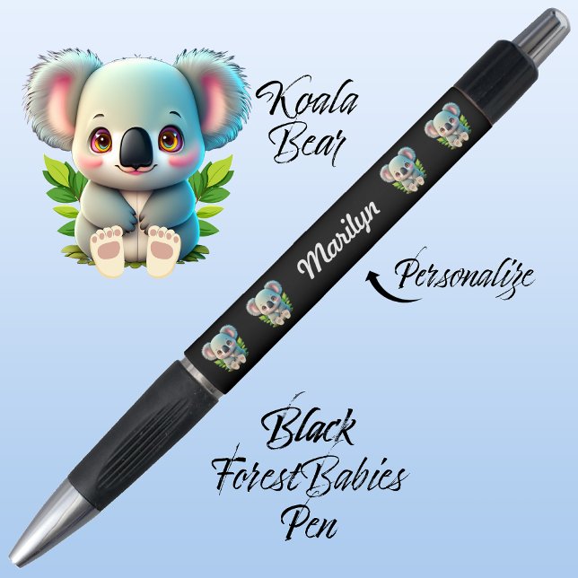 Stylo Ours de Koala, mignon Whimsland animal en bois Noi (Cute Whimsical Koala Bear, Australian Animal Cartoon Graphic, Black Customizable ForestBabies Pen 🐨)