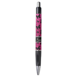 Stylo Papillons de parties scintillant rose-chaud de nom