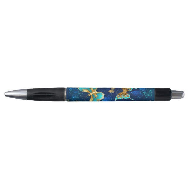 Stylo Papillons d'or sur un Arrière - plan bleu (Devant)