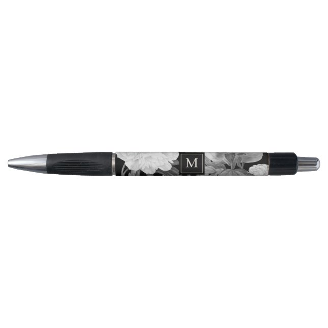 Stylo Peonies noires et blanches Aquarelle Monogramme fl (Devant)