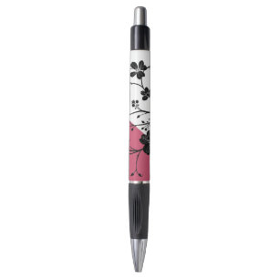 Stylo Silhouette florale noire élégante sur rose et blan