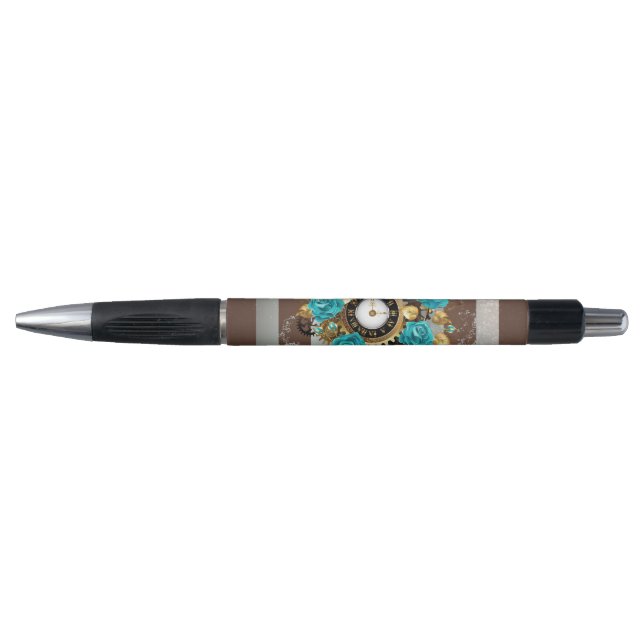Stylo Steampunk Clock and Turquoise Roses on Striped (Devant)