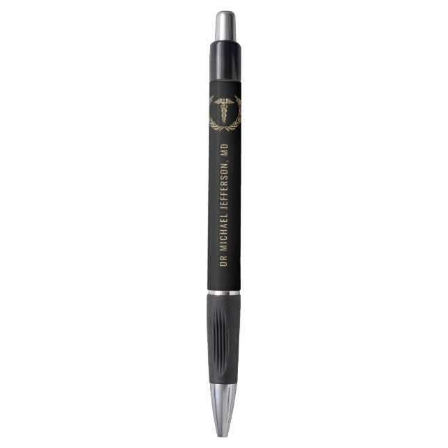 Stylo Symbole Médicale - Noir et Or (Devant (Vertical))