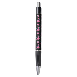 Stylo Teckels roses et bleus et coeurs sur fond noir