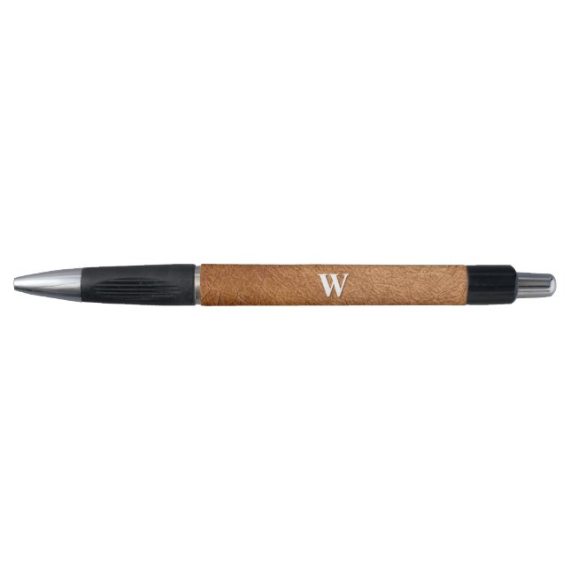 Stylo Texture de cuir marron élégant avec nom monogrammé (Devant)