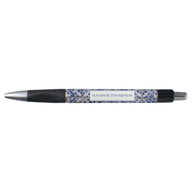 Stylo Tuiles portugaises - Azulejo Floral bleu et blanc (Devant)