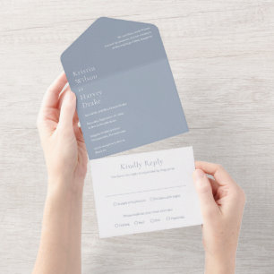 Stylvolle staubblaue moderne Hochzeit All In One Einladung