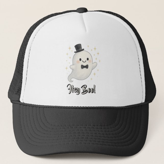 Suave Cartoon Hey Boo Geist Halloween Truckerkappe (Vorderseite)