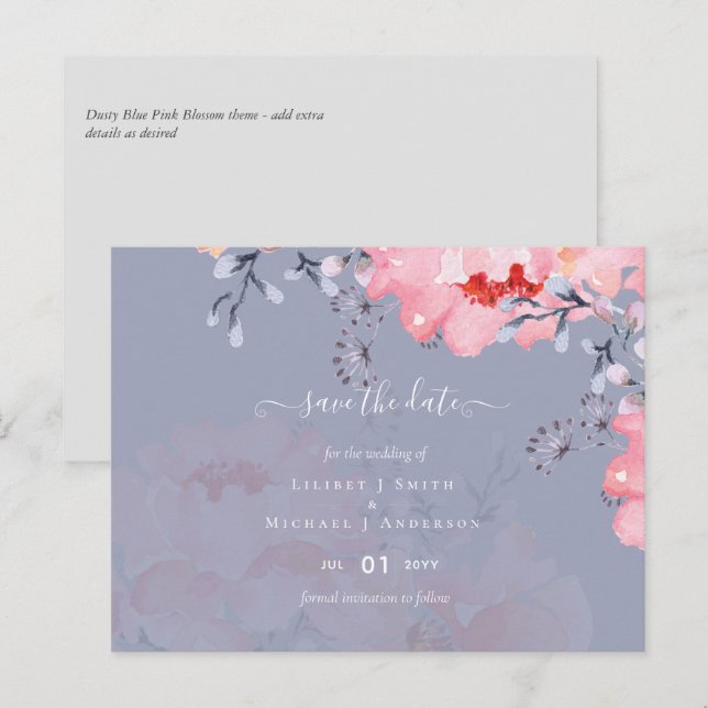 Sublime Dusty Blue Pink Blossom Wedding Suite Postkarte (Vorne/Hinten)