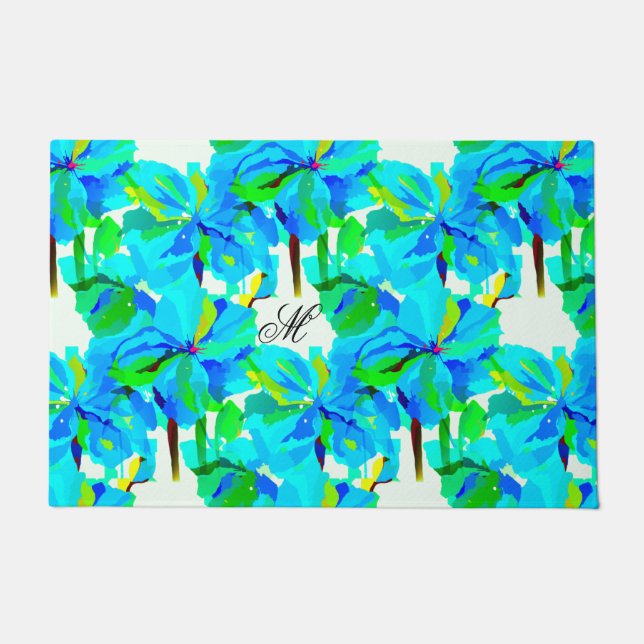 Sublime Himalayan Poppy Aqua Green Floral Muster Fußmatte (Vorderseite)
