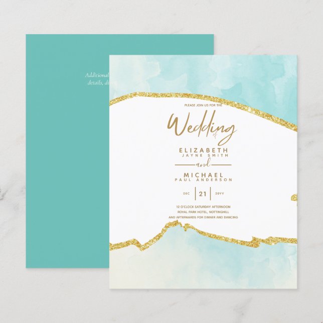 Sublime Ocean Aqua Blue Gold Hochzeitseinladungen (Vorne/Hinten)