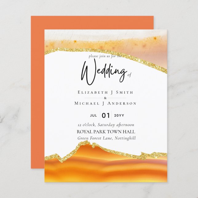 Sublime Orange Gold Agate Wedding INVITES BUDGET (Vorne/Hinten)