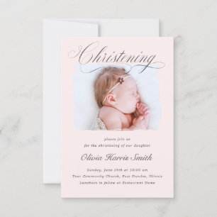 Subtile Cross Dusty Pink Script Christening Foto I Einladung