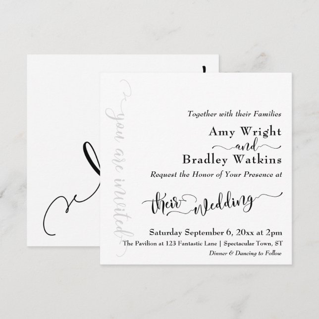 Subtile Elegante Typografie Black on White Wedding Einladung (Vorne/Hinten)