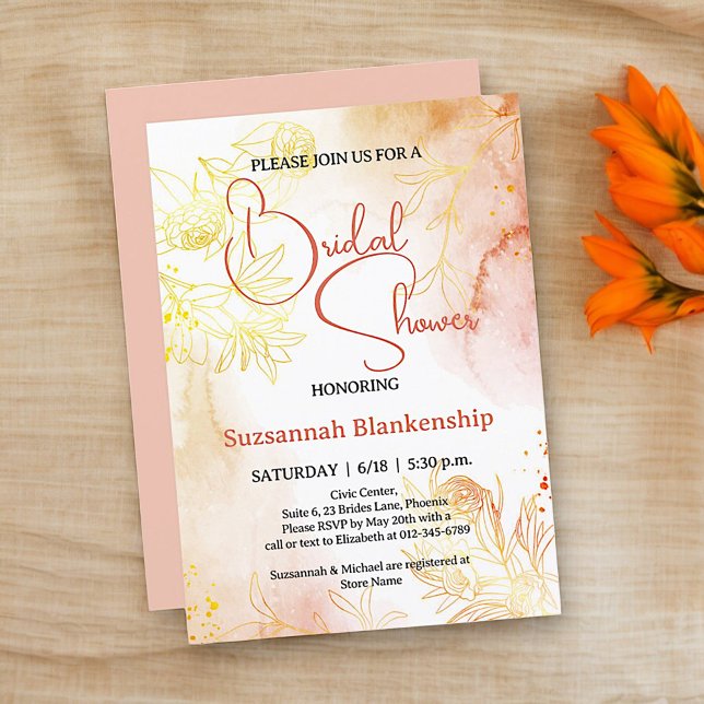 Subtile Pastel Floral Background Brautparty Einladung (Front template bridal shower design with solid orange pastel back. )