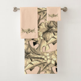 Subtile Pfirsich und Tan Floral Design Badhandtuch Set