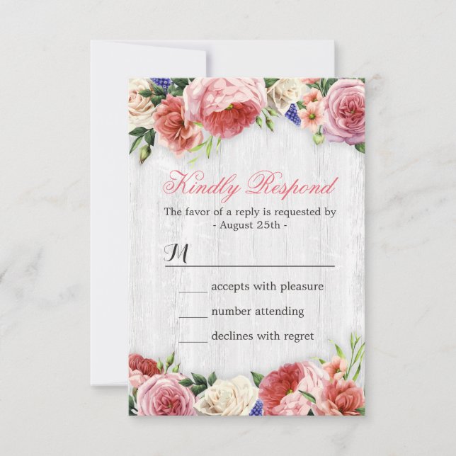 Subtile schicke rustikale Rose Blumenholz UAWG Rep RSVP Karte (Vorderseite)