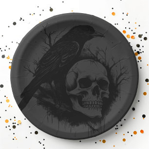 Subtiler Totenkopf und Krähe schwarz grau Hallowee Pappteller