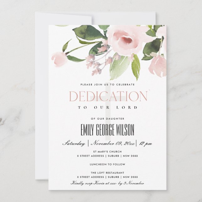 SUBTITEL BLUSPINK ROSE FLORAL BABY DEDICATION EINLADUNG (Vorderseite)