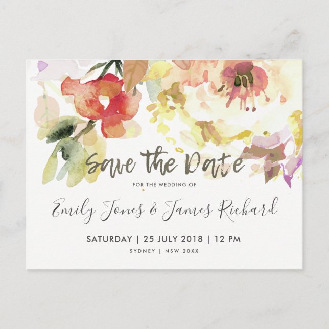 SUBTITEL PEACH PINK WASSERFARBE SAVE THE DATE ANKÜNDIGUNGSPOSTKARTE (Vorderseite)